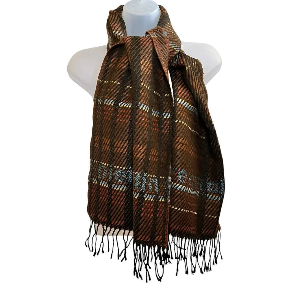 Pierre Cardin Vintage Jacquard Logo Brown Plaid Wool-Blend Fringe Muffler Scarf